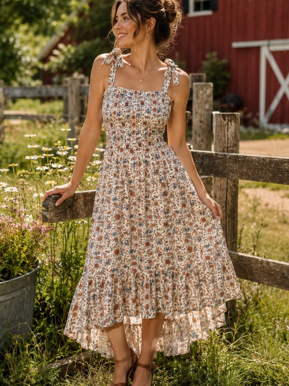 Cotton Rye Floral Smocked Cottage Prairie Boho Tie Strap Maxi Dress Sundress, XL